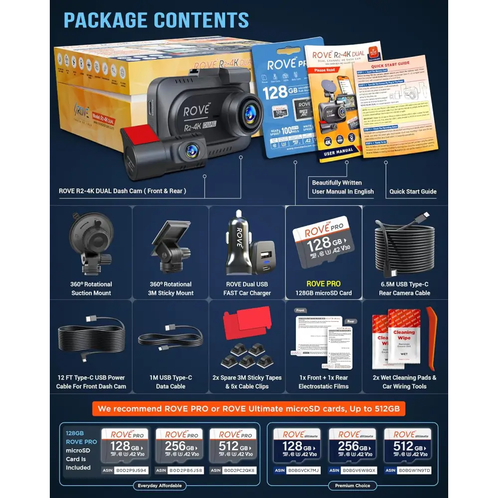 ROVE R2-4K DUAL Dash Cam Front and Rear STARVIS 2 Sensor FREE 128GB Card Included 5G WiFi
