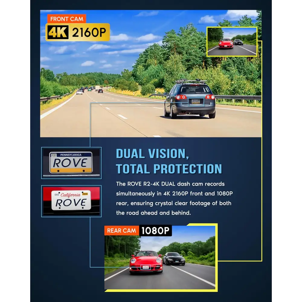 ROVE R2-4K DUAL Dash Cam Front and Rear STARVIS 2 Sensor FREE 128GB Card Included 5G WiFi