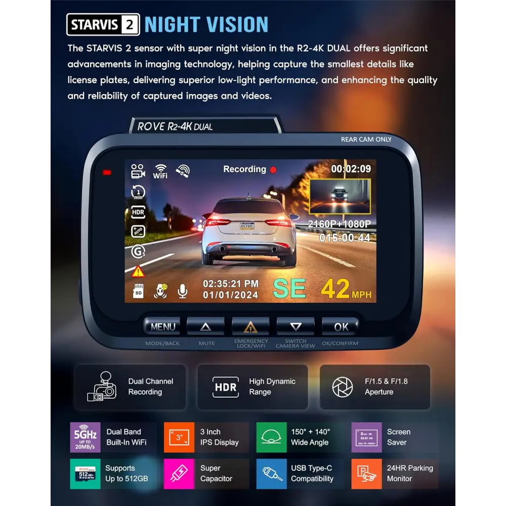 ROVE R2-4K DUAL Dash Cam Front and Rear STARVIS 2 Sensor FREE 128GB Card Included 5G WiFi