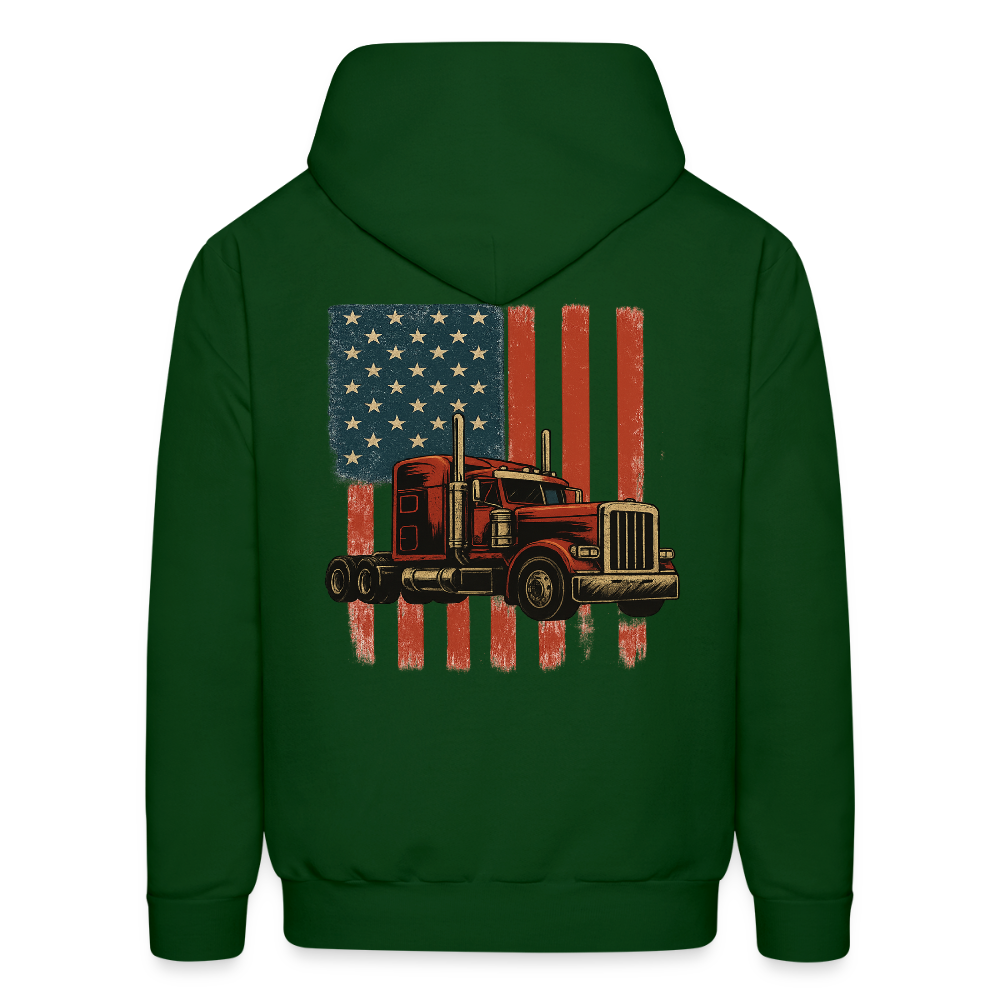 Men's Hoodie Truck – American Flag Patriotic Semi-Truck Design - forest green