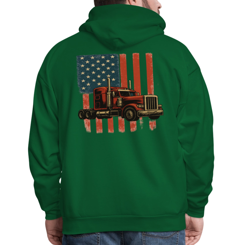 Men's Hoodie Truck – American Flag Patriotic Semi-Truck Design - forest green