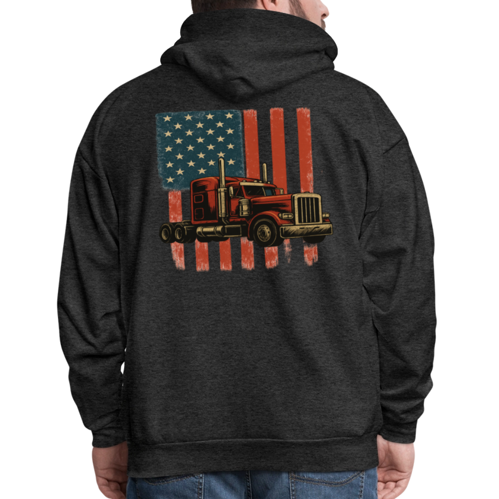 Men's Hoodie Truck – American Flag Patriotic Semi-Truck Design - charcoal grey
