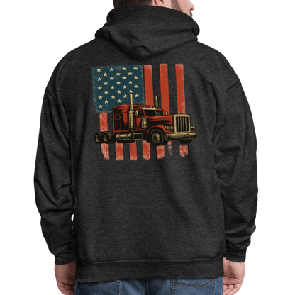 Men's Hoodie Truck – American Flag Patriotic Semi-Truck Design - charcoal grey