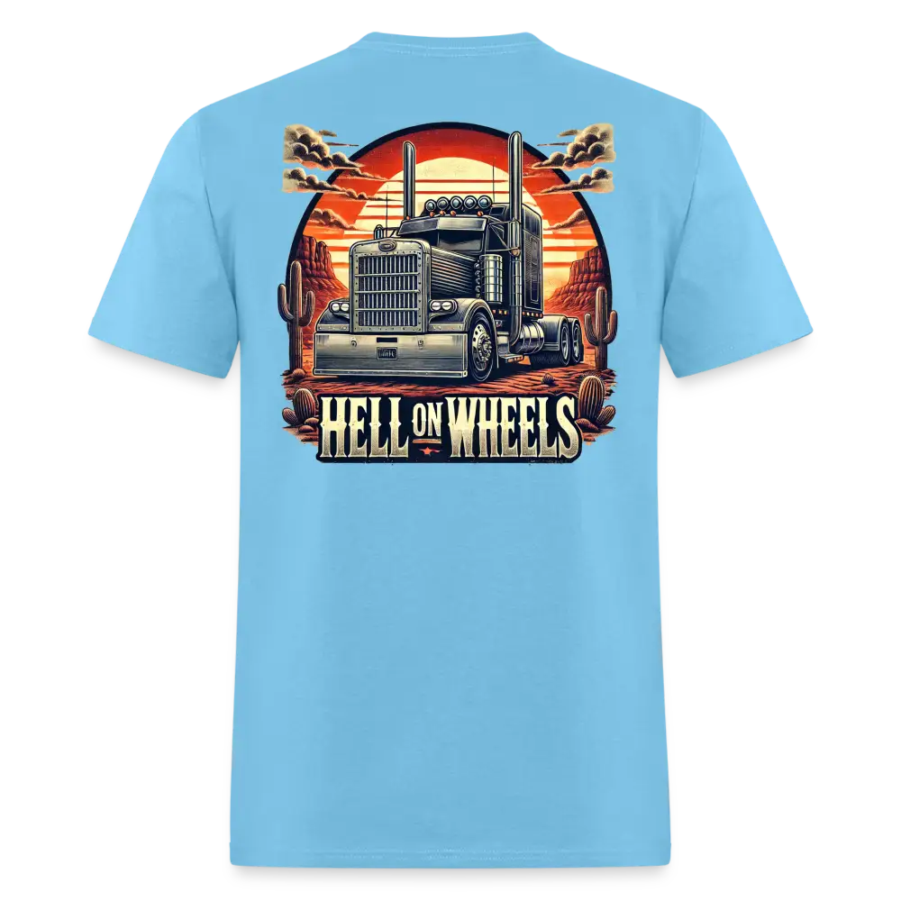 Graphic T-Shirt ’Hell On Wheels’ - aquatic blue / S - Unisex Classic T-Shirt | Fruit of the Loom 3930