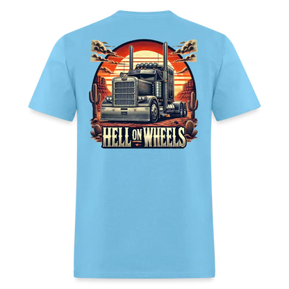 Graphic T-Shirt ’Hell On Wheels’ - aquatic blue / S - Unisex Classic T-Shirt | Fruit of the Loom 3930