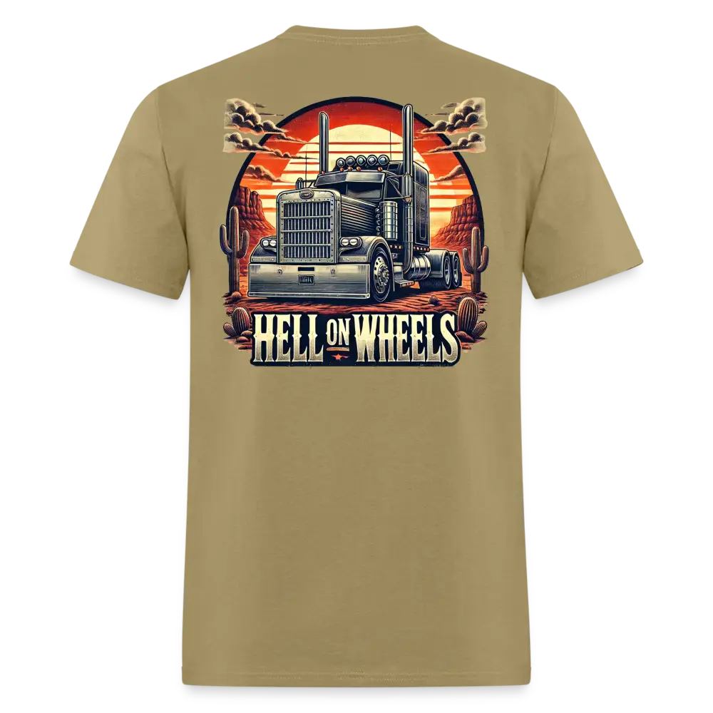 Graphic T-Shirt ’Hell On Wheels’ - khaki / S - Unisex Classic T-Shirt | Fruit of the Loom 3930