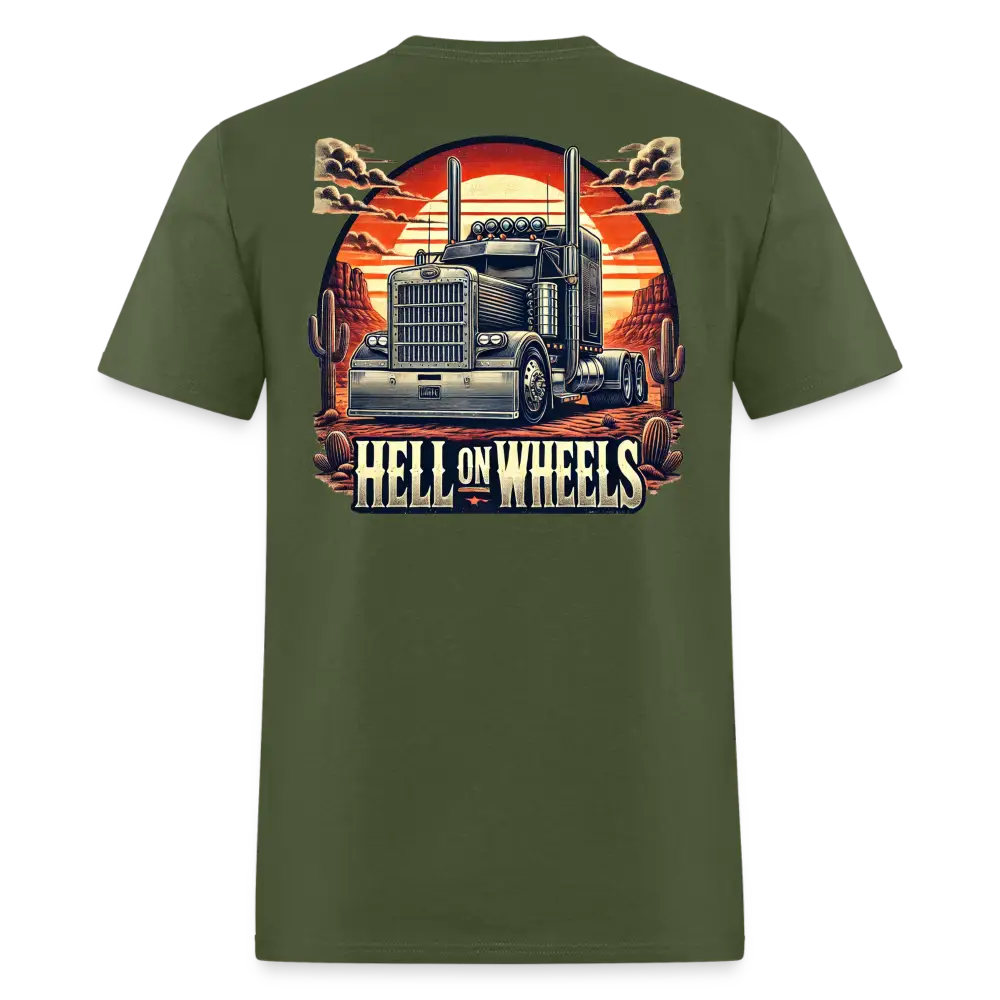 Graphic T-Shirt ’Hell On Wheels’ - military green / S - Unisex Classic T-Shirt | Fruit of the Loom 3930