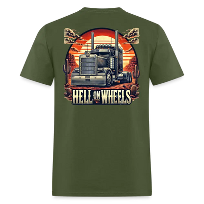 Graphic T-Shirt ’Hell On Wheels’ - military green / S - Unisex Classic T-Shirt | Fruit of the Loom 3930