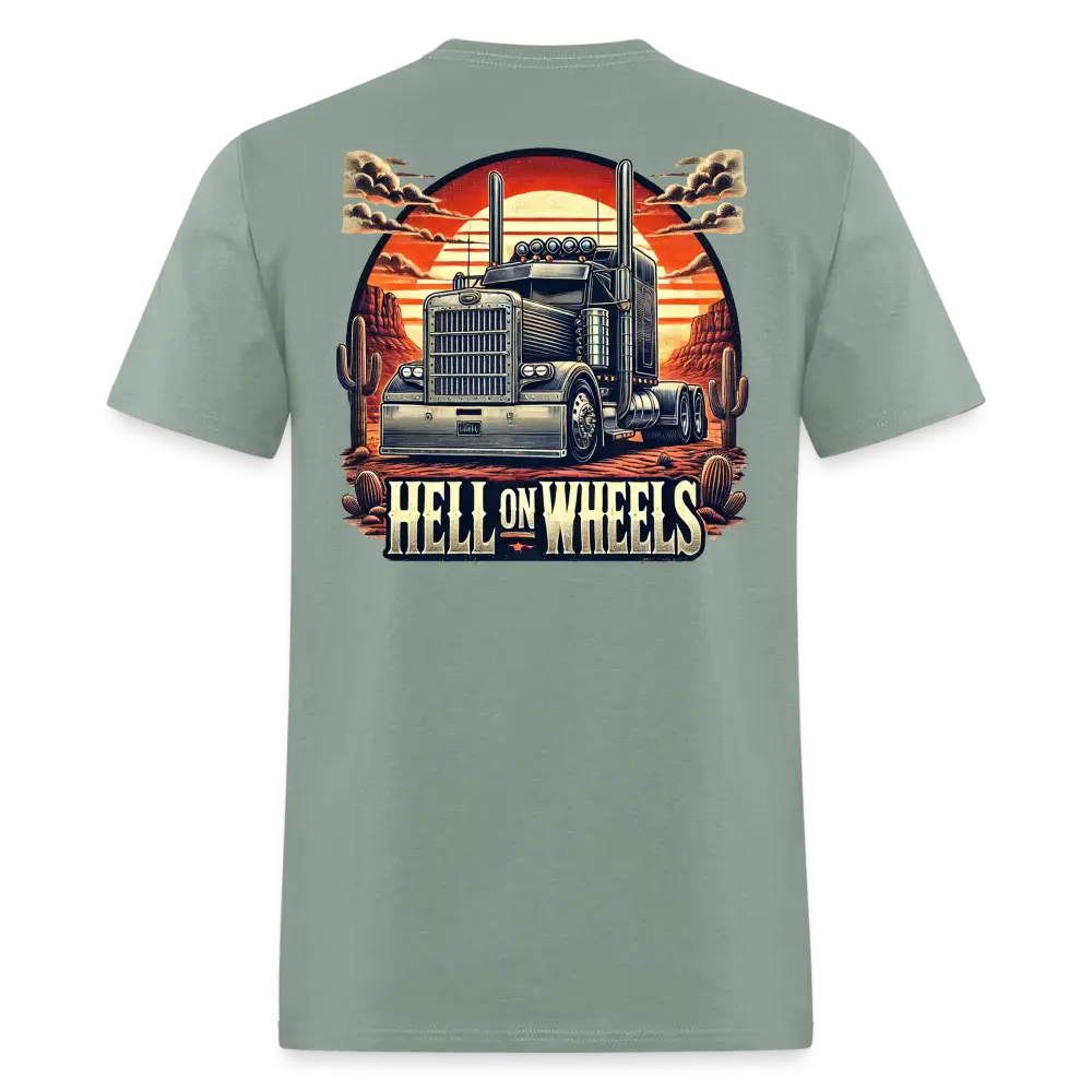 Graphic T-Shirt ’Hell On Wheels’ - sage / S - Unisex Classic T-Shirt | Fruit of the Loom 3930