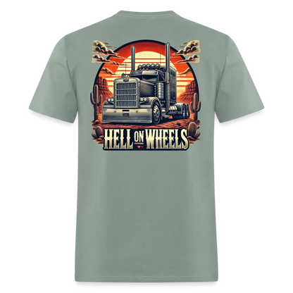 Graphic T-Shirt ’Hell On Wheels’ - sage / S - Unisex Classic T-Shirt | Fruit of the Loom 3930