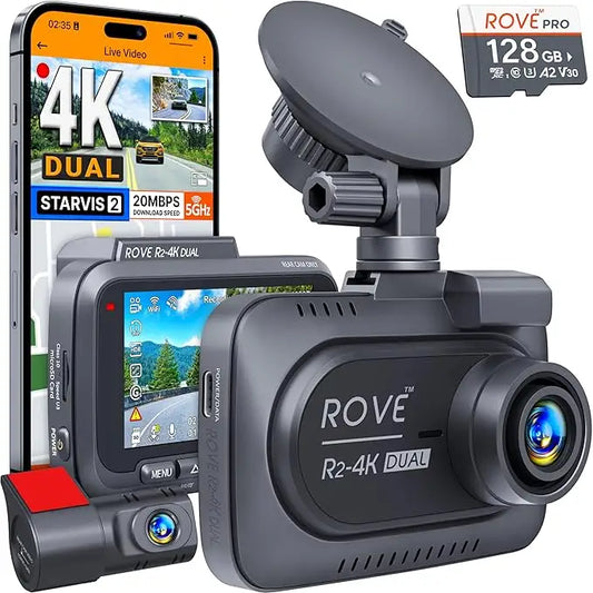 ROVE R2-4K DUAL Dash Cam Front and Rear STARVIS 2 Sensor FREE 128GB Card Included 5G WiFi