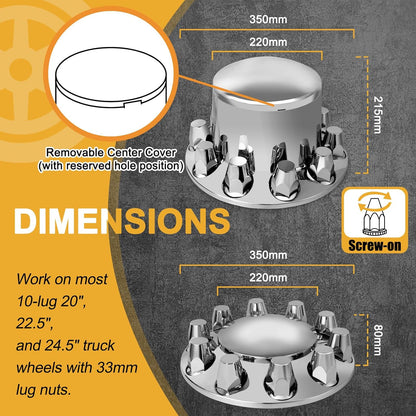 33Mm Axle Cover Chrome Dome Combo Kit Thread-On Lug Nut Covers with 2 Front and 4 Rear Axle Wheel Covers Removable Hub Caps for Semi Truck (Installation Tool Included)