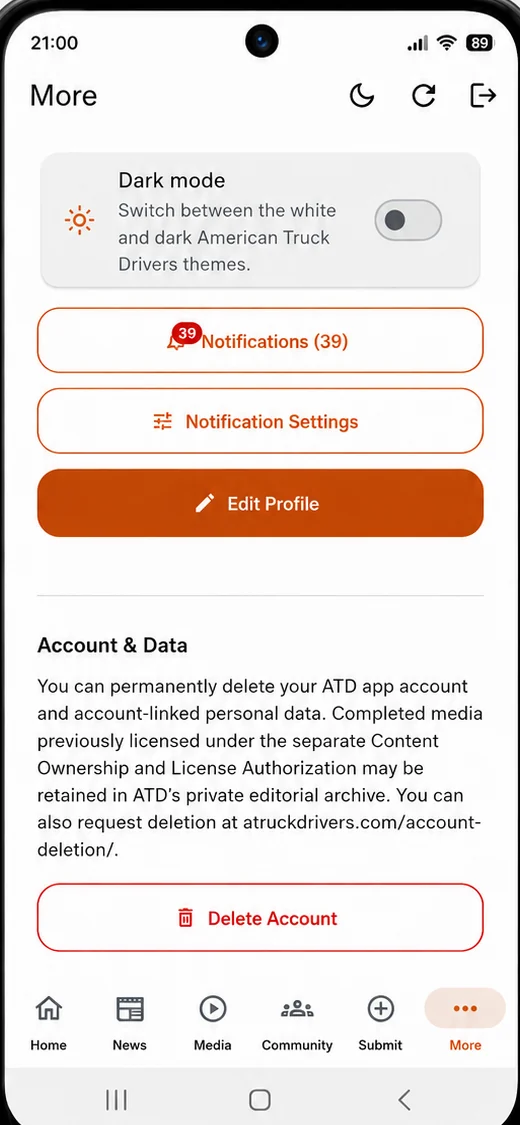 Account controls screen in the American Truck Drivers app