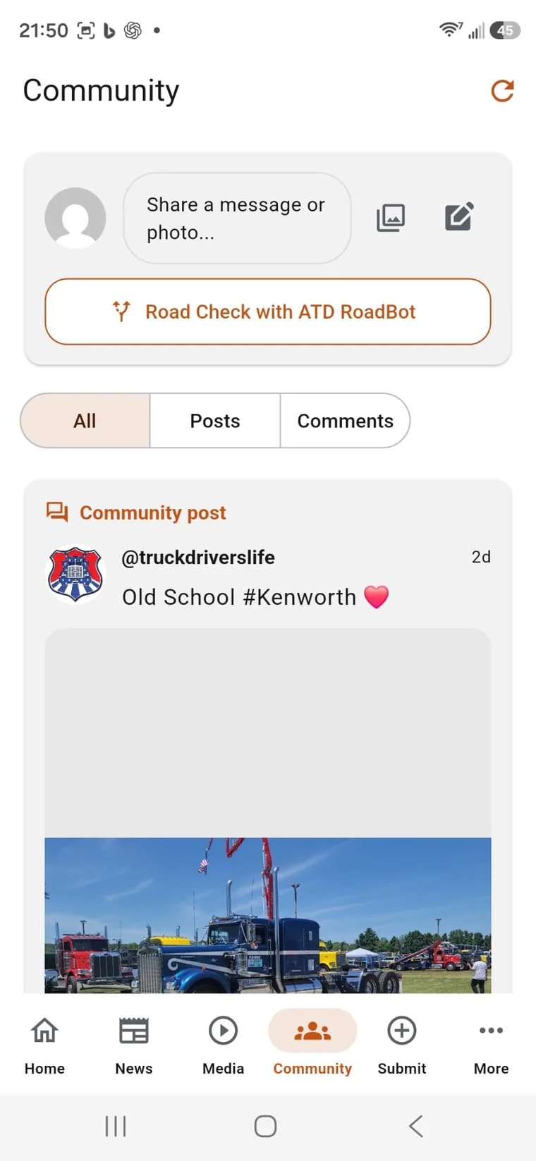 Driver Community and RoadBot screen in the American Truck Drivers app