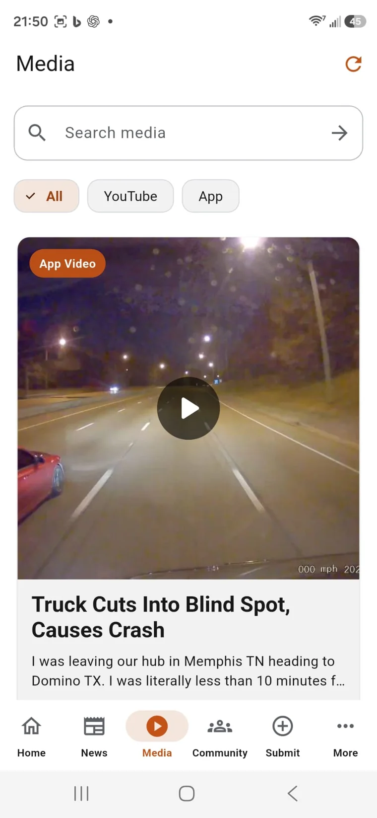 Media and road video screen in the American Truck Drivers app