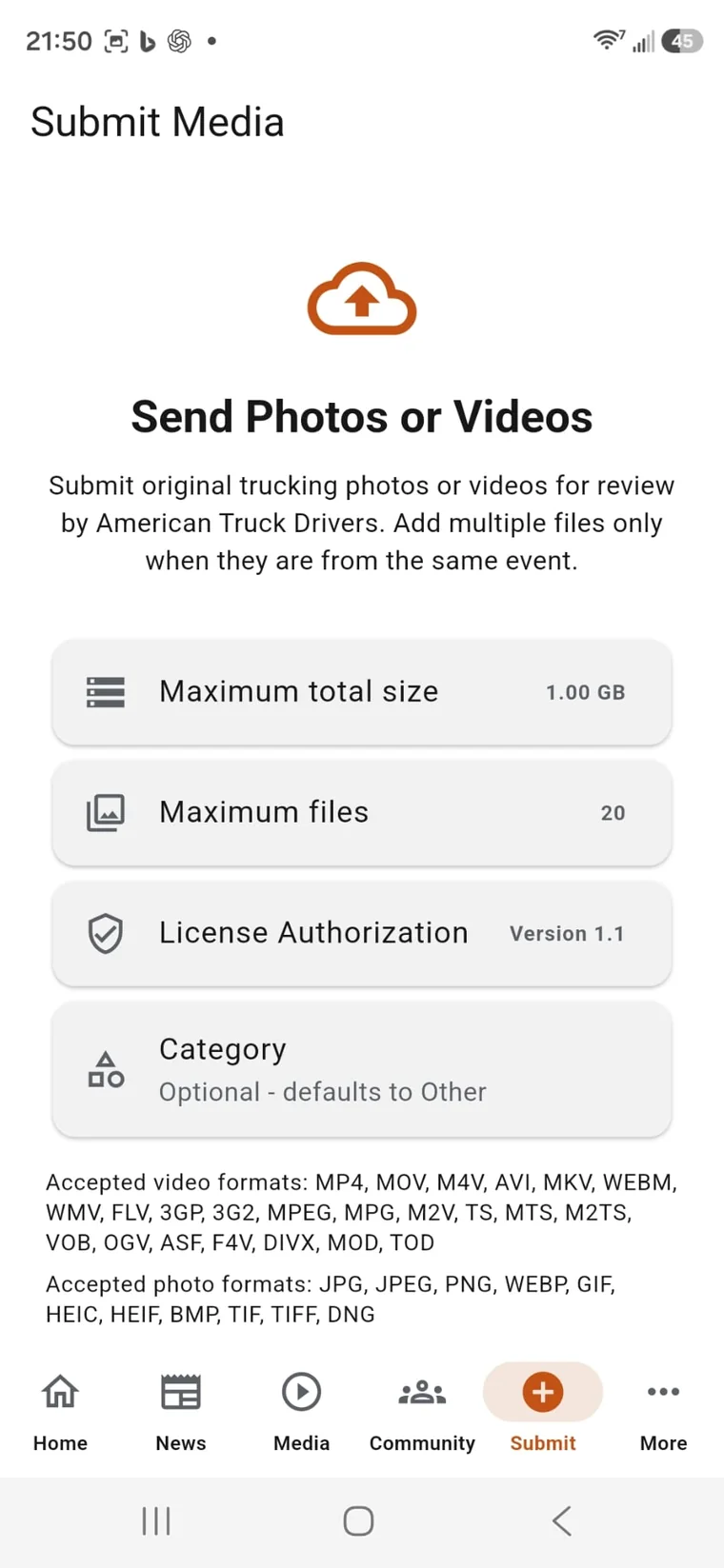 Submit Media screen in the American Truck Drivers app