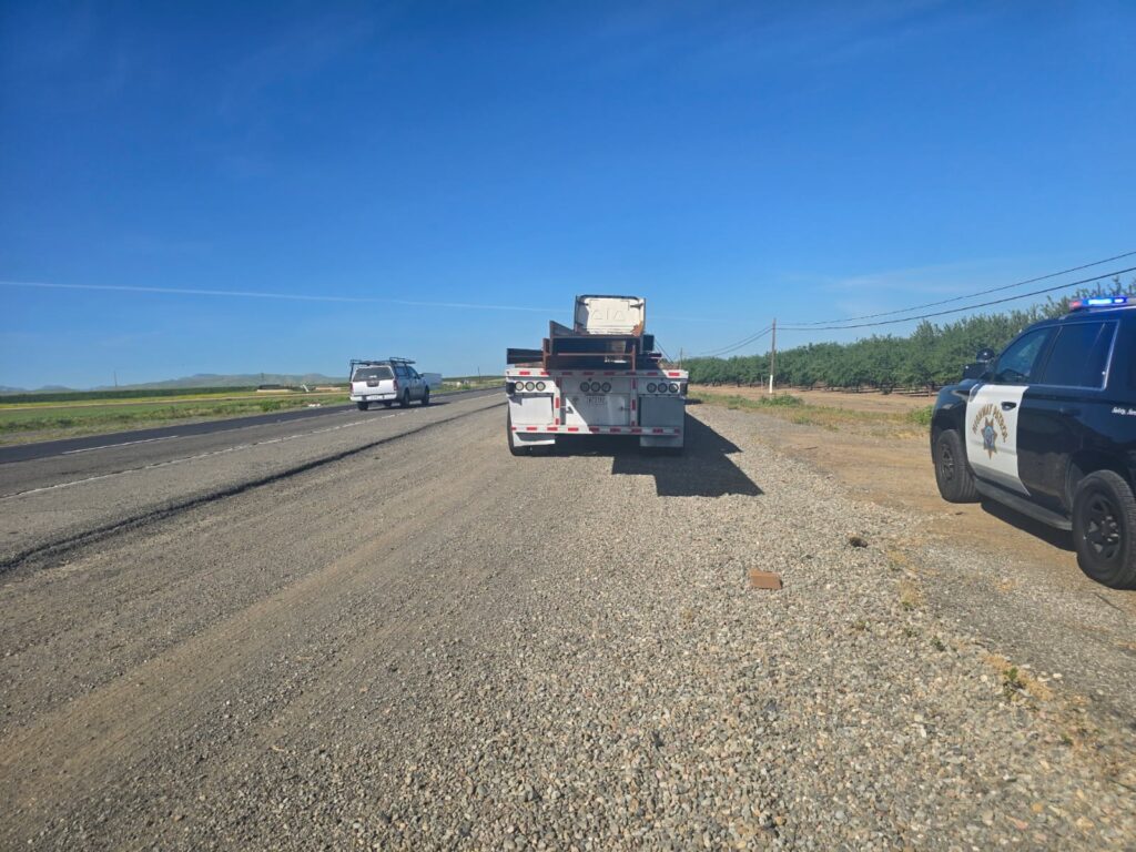 CHP officer stopped a semi-truck in the Los Banos area after spotting a dangerous 14-foot metal beam extending from the load with no warning flags or lights
